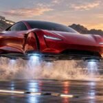 Elon Musk Tesla flying car 2026 concept showing a futuristic red electric sports car hovering above a launch pad