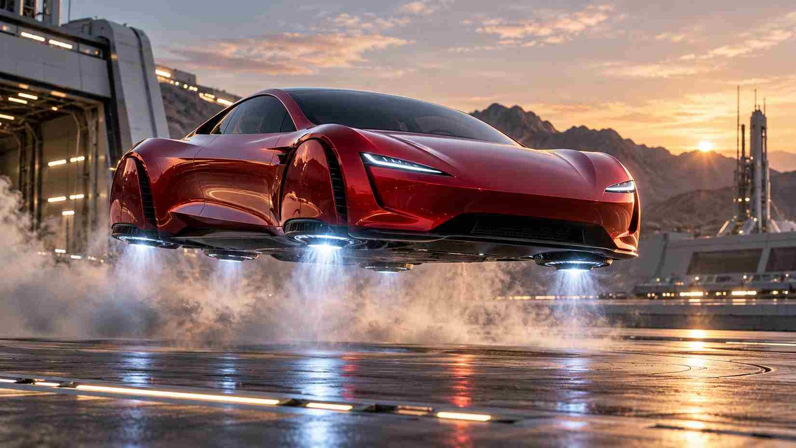 Elon Musk Tesla flying car 2026 concept showing a futuristic red electric sports car hovering above a launch pad